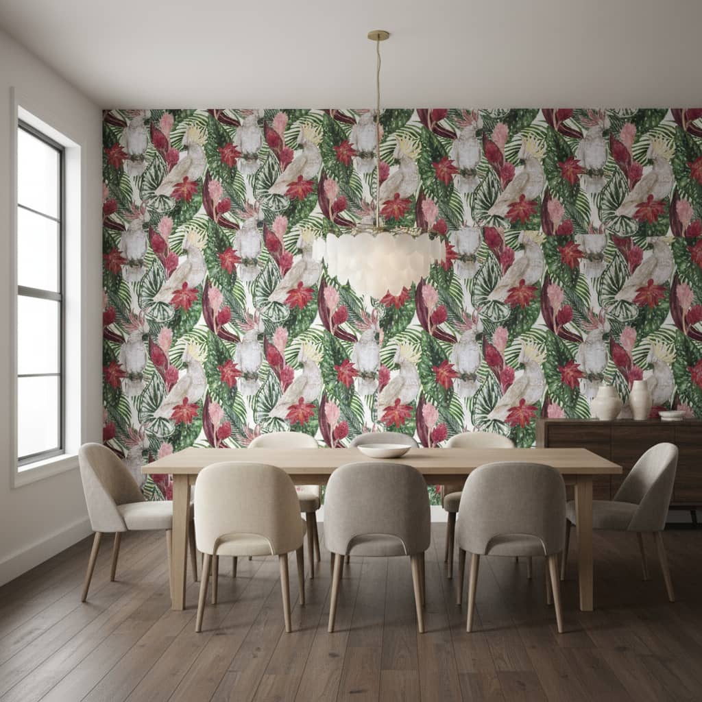 Two Cockatoos Wallpaper 1 Wallpaper and Wall Murals South Africa Two Cockatoos wallpaper with white birds among pink and burgundy tropical flowers across a dining room feature wall — Wallpaper Online South Africa