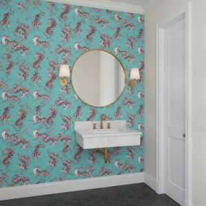 1981 - This vibrant wallpaper features a dynamic collection of pink and black striped tigers in playful poses against a