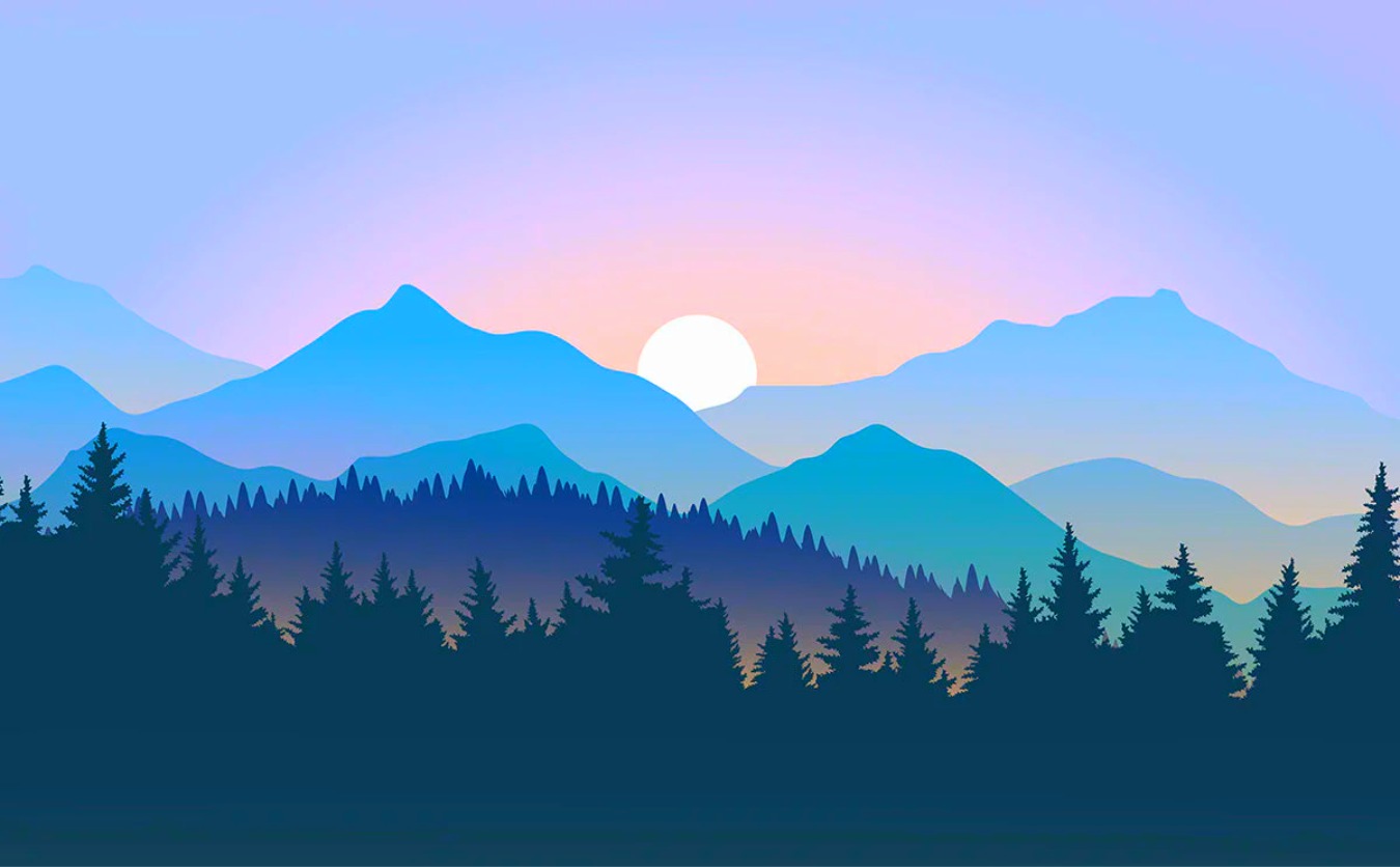 Alpine Dawn Horizon Mural 2 Wallpaper and Wall Murals South Africa Layered blue mountain ranges with a glowing sunrise above evergreen forests in a modern landscape mural.