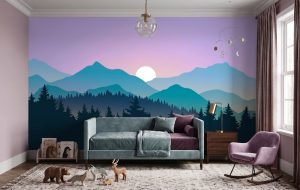 A zoomed-in of soft blue mountain peaks and sunrise gradients creating a peaceful nature mural
