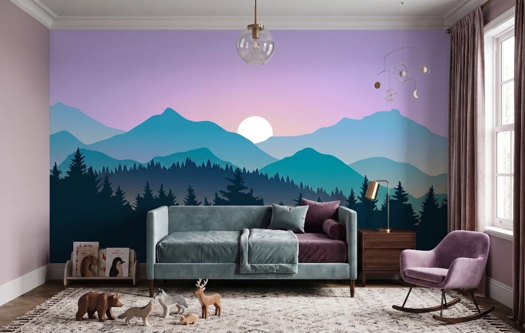 Alpine Dawn Horizon Mural 1 Wallpaper and Wall Murals South Africa A zoomed-in of soft blue mountain peaks and sunrise gradients creating a peaceful nature mural
