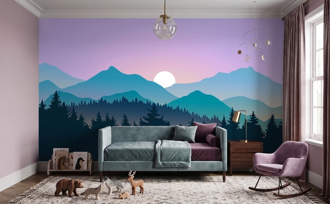 Alpine Dawn Horizon Mural 1 Wallpaper and Wall Murals South Africa A zoomed-in of soft blue mountain peaks and sunrise gradients creating a peaceful nature mural