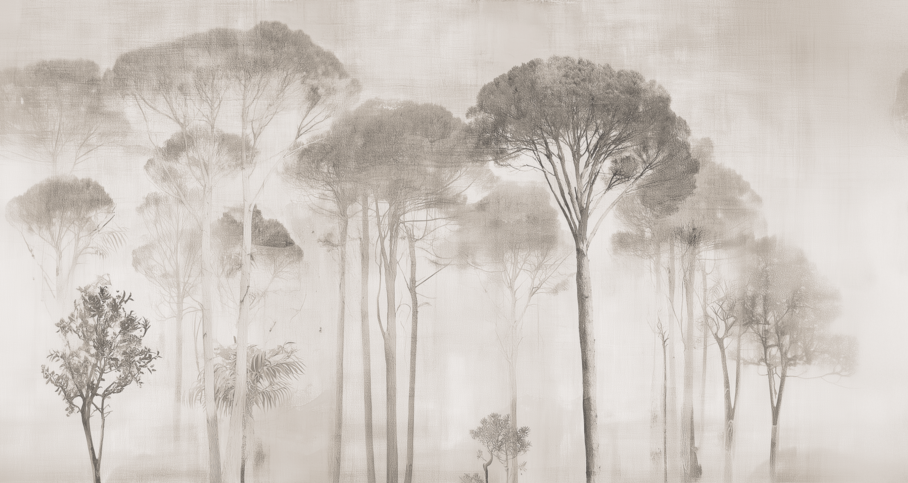 Etched Signal Tree Hills Mural 3 Wallpaper and Wall Murals South Africa Etched Signal Tree Hills Mural showcasing etched pine tree silhouettes in a soft sepia mist.