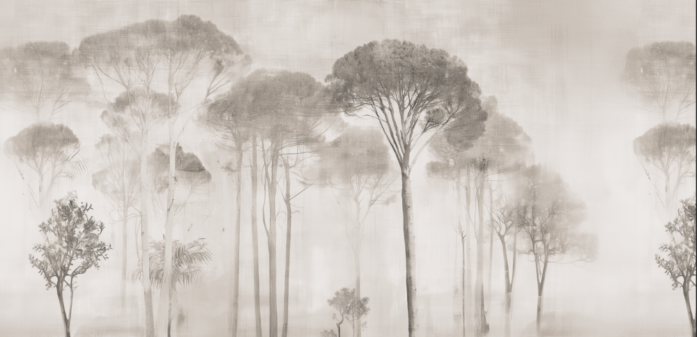 Etched Signal Tree Hills Mural 3 Wallpaper and Wall Murals South Africa Etched Signal Tree Hills Mural showcasing etched pine tree silhouettes in a soft sepia mist.
