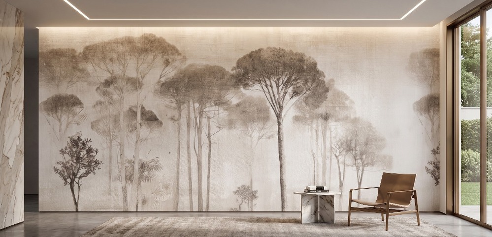 Etched Signal Tree Hills Mural 2 Wallpaper and Wall Murals South Africa Modern luxury living room featuring the Etched Signal Tree Hills Mural behind a leather chair and marble table