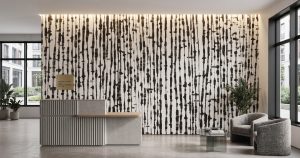 Modern reception area featuring Ink Cascade Mural with expressive vertical black brushstroke lines across a soft ivory background