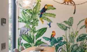 A zoomed-in view of the Jungle Canopy Mural installed in a modern dining space.