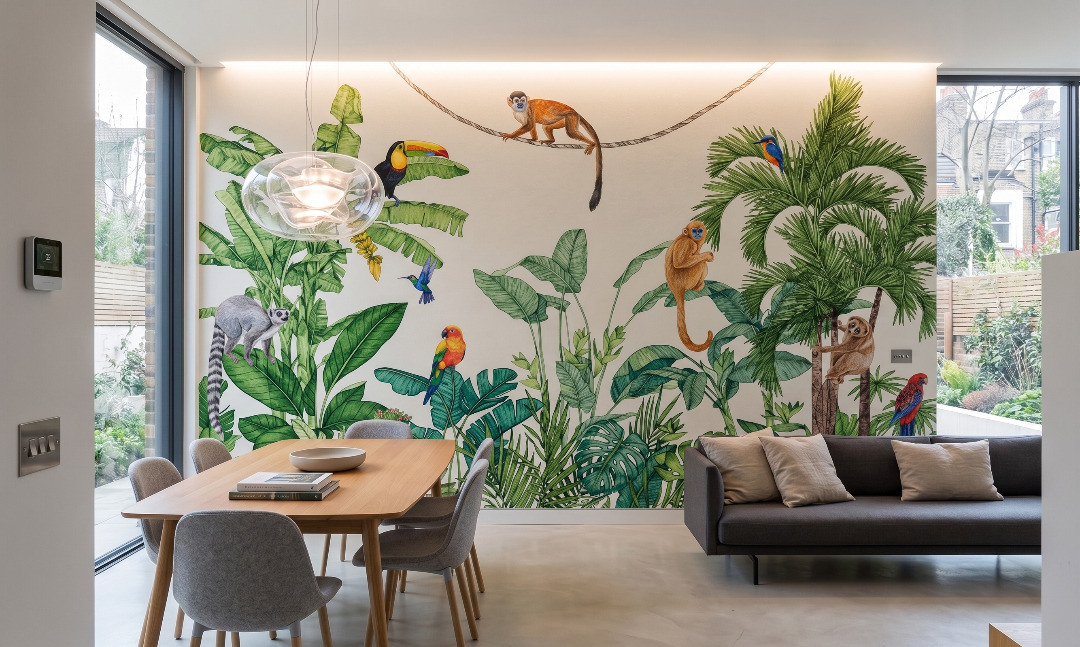 Jungle Canopy Mural 2 Wallpaper and Wall Murals South Africa Detailed perspective of the Jungle Canopy Mural behind a wooden dining table and grey chairs.