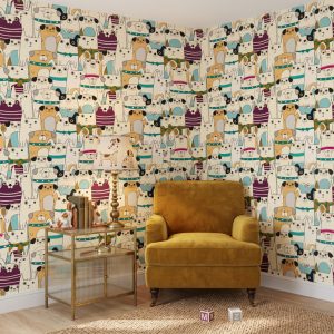 Whimsical dog wallpaper in a colourful kids' playroom