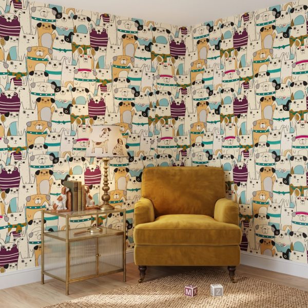 Whimsical dog wallpaper in a colourful kids' playroom