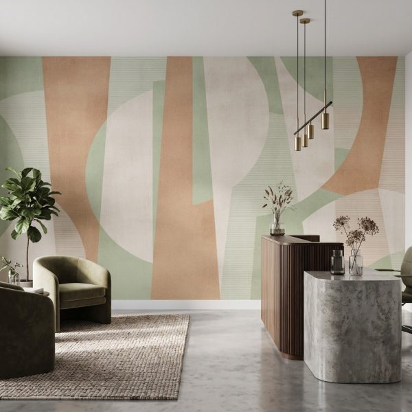 test color filter 14 Wallpaper and Wall Murals South Africa Zoomed-in view of an abstract geometric mural with curved shapes, fine line detailing and muted sage and beige colours.