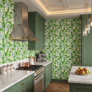 Green banana leaf wallpaper in a kitchen.