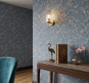 Blue blossom wallpaper in a styled interior