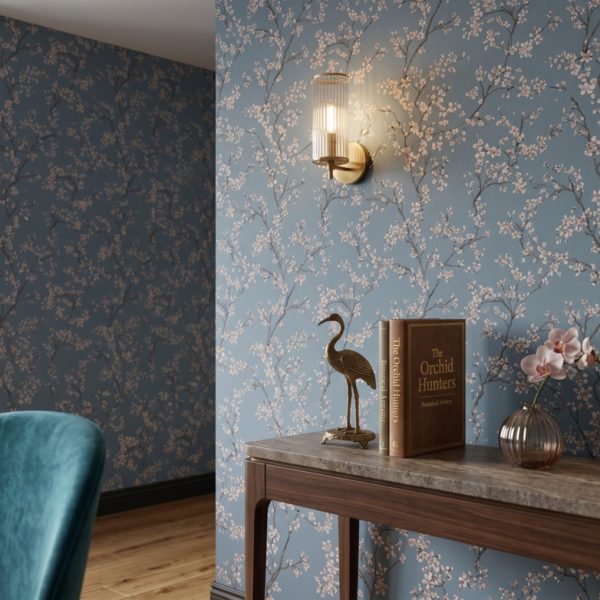 Blue blossom wallpaper in a styled interior