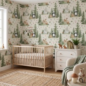 Cozy baby nursery decorated with Woodland With Friends Wallpaper on light neutral walls.