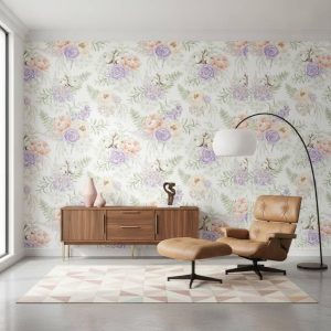 Amelia - The Amelia Wallpaper features a stunning arrangement of hand-painted blooms in soft purples, peachy pinks, and