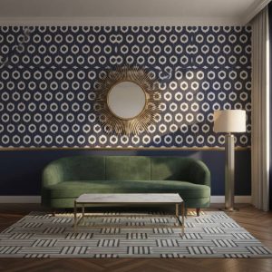 Ana-static Navy - This striking Ana-static Navy Wallpaper features a mesmerizing arrangement of white circular motifs set