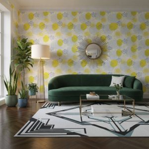 Auvil Limes - This vibrant wallpaper features bold yellow lemons and limes with delicate blue textural elements and organic