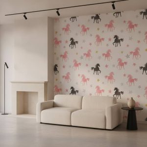 Blush Broncos Unicorn - This enchanting wallpaper brings magical galloping unicorns and horses in soft pink and bold black