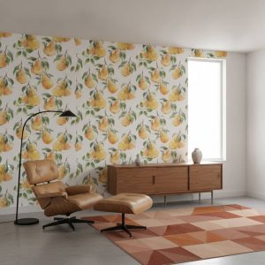 Borton and Sons - This charming botanical wallpaper features hand-painted pears in warm golden and orange tones with