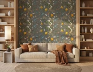 Brisk Lemons - This charming wallpaper features vibrant lemon branches, delicate hummingbirds, and white blossoms dancing
