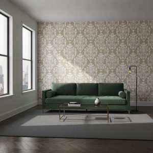 Cambric Napery - The Cambric Napery Wallpaper features an exquisite ornamental damask design with white scrolling motifs