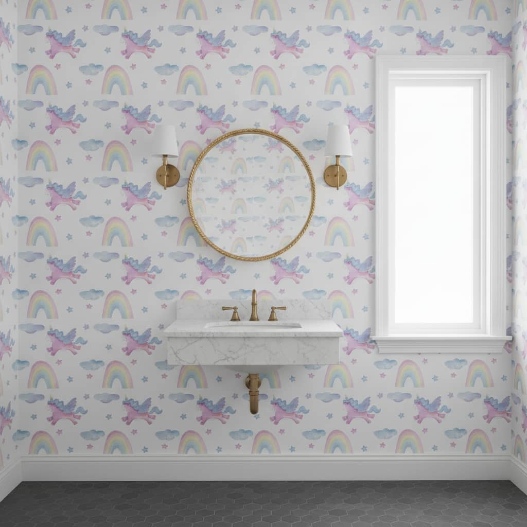 Carefree - This charming children's wallpaper brings magical wonder to any child's space with whimsical pink unicorns,