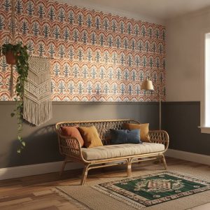 Coltuna - The Coltuna Wallpaper showcases a stunning symmetrical damask design where rich blues and vibrant oranges dance