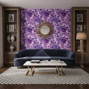 Couture - This enchanting floral wallpaper features a lush garden of purple and lavender roses cascading across a soft pink