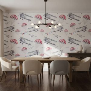 Earhart Planes - This charming vintage-inspired wallpaper features watercolor aircraft, parachutes, and aeroplanes scattered