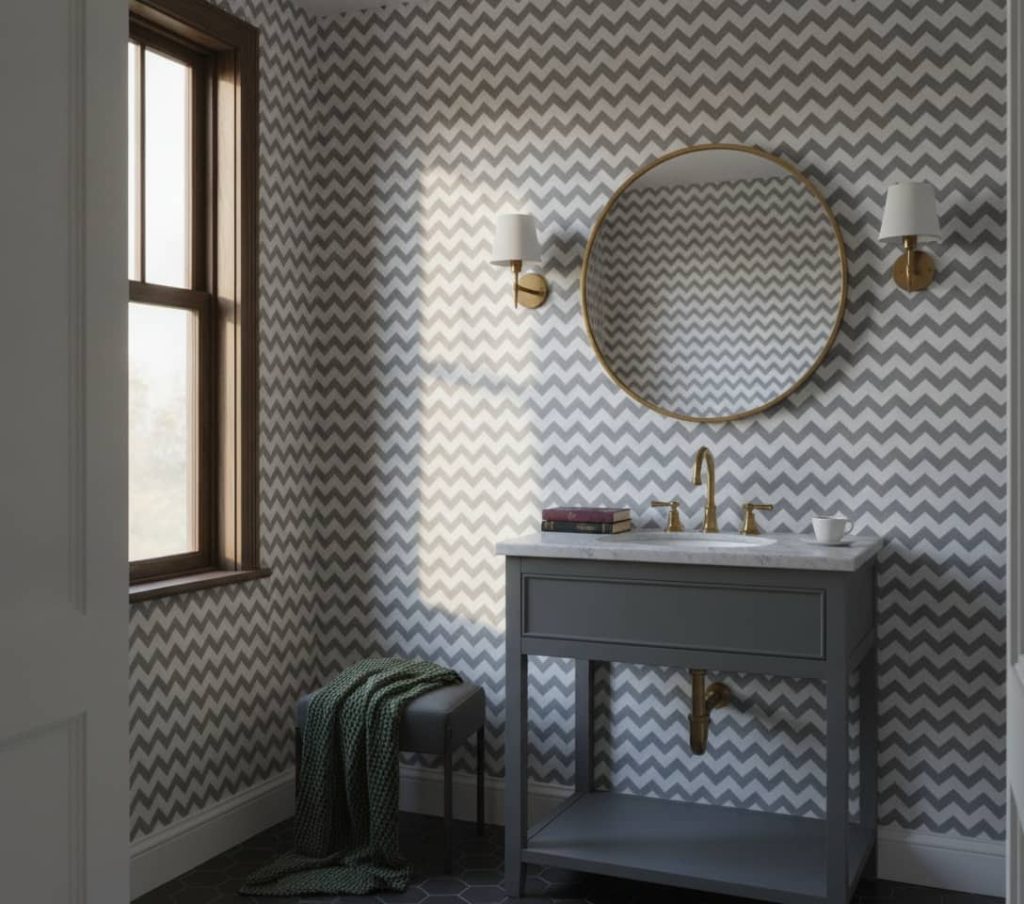 Ensenada Chevron - The Ensenada Chevron Wallpaper brings timeless geometric elegance to any space with its striking grey and
