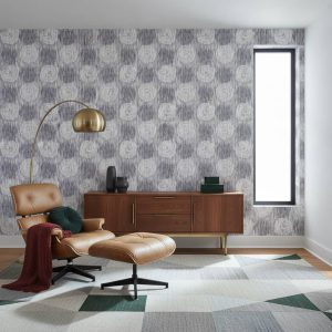 Etched - This striking Etched Wallpaper features mesmerizing circular motifs rendered in crisp white and soft grey against a