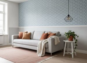Euler - The Euler Wallpaper showcases a stunning 3D hexagonal pattern in soft slate blue with crisp white linework, creating
