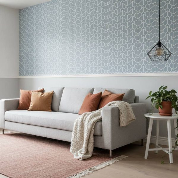 Euler - The Euler Wallpaper showcases a stunning 3D hexagonal pattern in soft slate blue with crisp white linework, creating