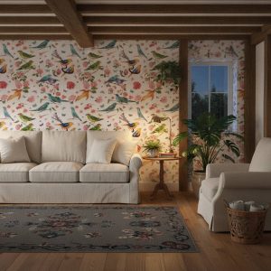 Flapping White - This enchanting wallpaper features a vibrant collection of tropical birds and blooming flowers scattered