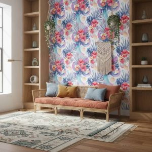 Floral Fiori - This vibrant Floral Fiori wallpaper bursts with watercolour hibiscus blooms and tropical foliage, accented by