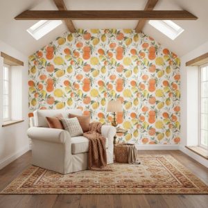 Hansen - This vibrant botanical wallpaper celebrates fresh citrus fruits with beautifully illustrated oranges, lemons, and
