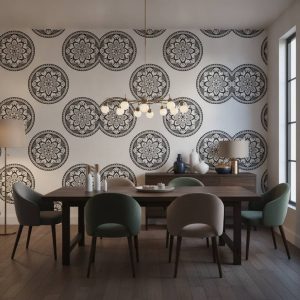 La Paz - The La Paz Wallpaper features striking black medallion mandalas with intricate floral and geometric detailing