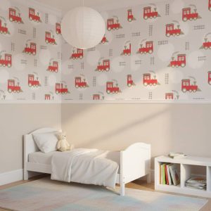 Locomotive - Charmingly illustrated red locomotives with olive green accents dance across a soft gray background,