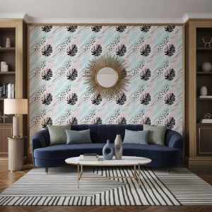 Pastel Tepic - This stunning Pastel Tepic wallpaper combines soft blue and pink hues with bold black botanical silhouettes