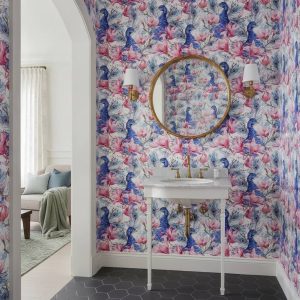 Peahen Plum - Stunning watercolor peacocks adorned with vibrant pink magnolia blossoms create a luxurious yet playful