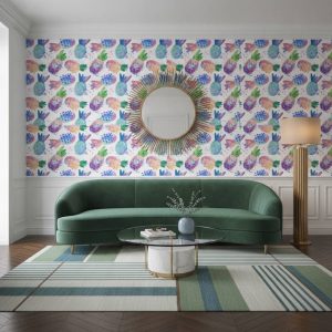 Pineapple Fiori - This vibrant Pineapple Fiori wallpaper celebrates tropical botanicals with whimsical watercolour-painted