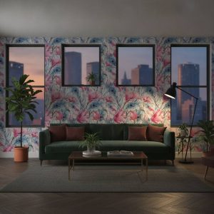Plume Portrait - This stunning wallpaper combines delicate pink magnolia blooms with graceful peacock feathers in vibrant