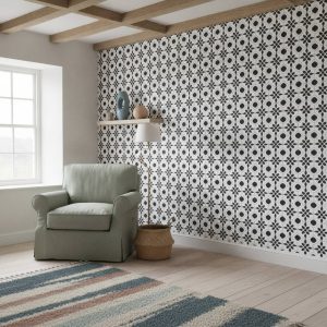 Preto Tile - The Preto Tile Wallpaper features a striking geometric pattern with interlocking black four-pointed stars and