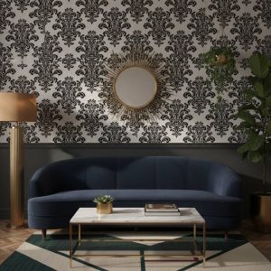 Registry - The Registry Wallpaper showcases an elegant black damask motif against a crisp white background, creating a
