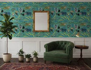 Retro Revenge - This vibrant jungle-themed wallpaper features a delightful collection of stylised animals including tigers,
