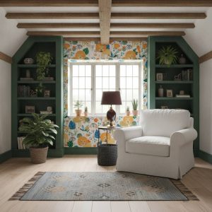 Roaring Bliss - This cheerful kids wallpaper features adorable smiling lions and lush botanical elements in vibrant oranges,