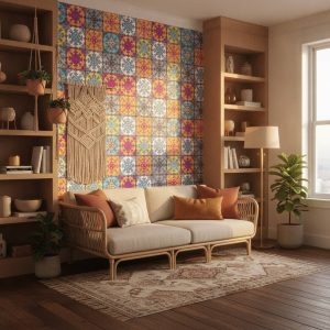 Såo Tile - This vibrant tile wallpaper features an eye-catching geometric pattern of ornate square tiles in brilliant jewel