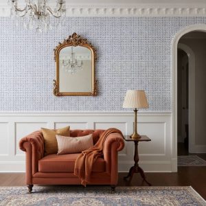 Stained - This modern geometric wallpaper features an elegant arrangement of hand-painted blue brush strokes in varying