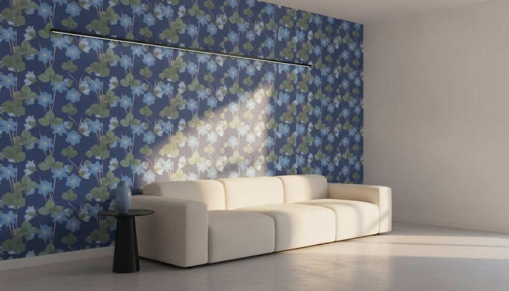 Summer Evening - This enchanting Summer Evening Wallpaper features delicate blue blooms and soft green foliage dancing